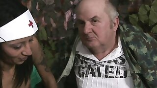 Grampa in a wheelchair gets to fuck a hot babe