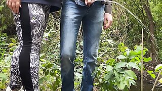 MILF in leggings helps a stranger pee by the lake
